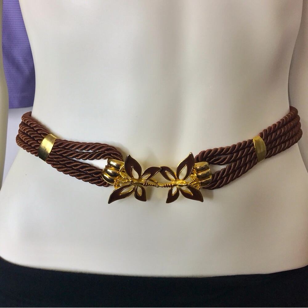 Butterfly Enameled Brown & Gold Satin Rope Belt 27" XS